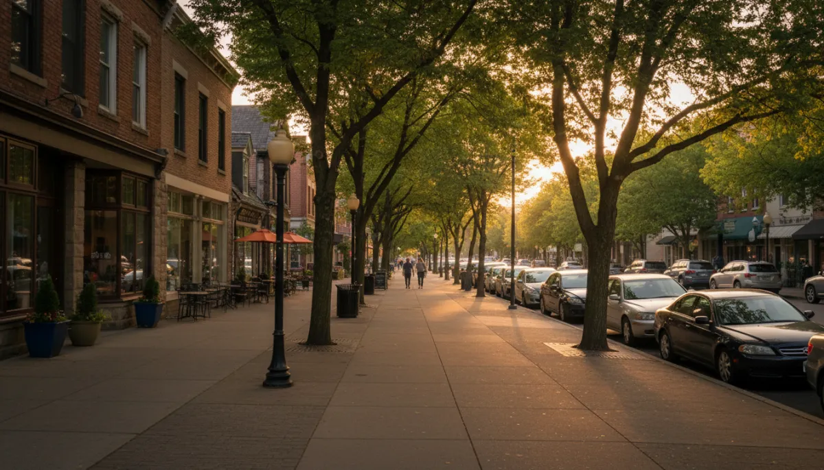 Tree-lined street near Siena South apartments with shops and cafes